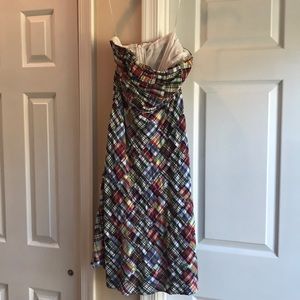 Strapless plaid tea length dress